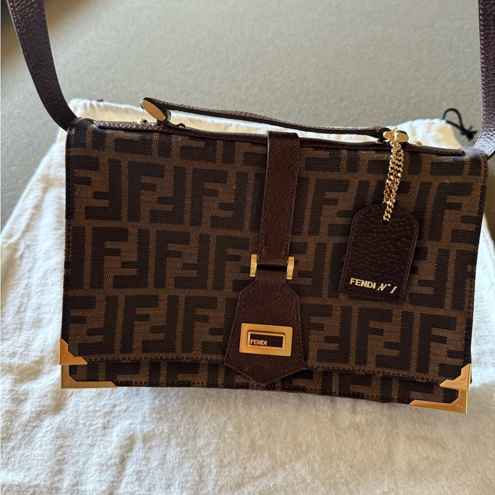 FENDI ZUCCA CANVAS TURN LOCK CROSSBODY BAG WITH GOLD TONE HARDWARE